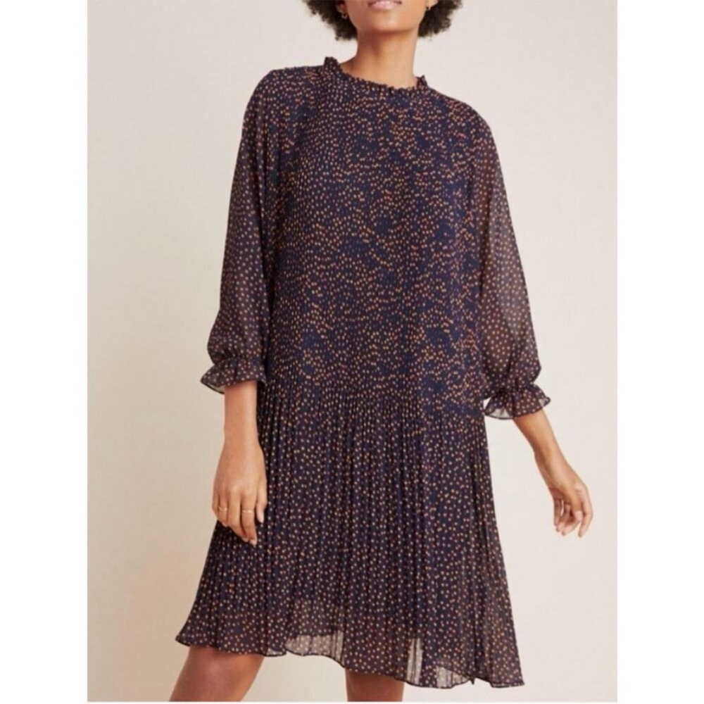 Seen Worn Kept Navy Printed Shift Dress • Size 6 • Sheer Ruffle Sleeve